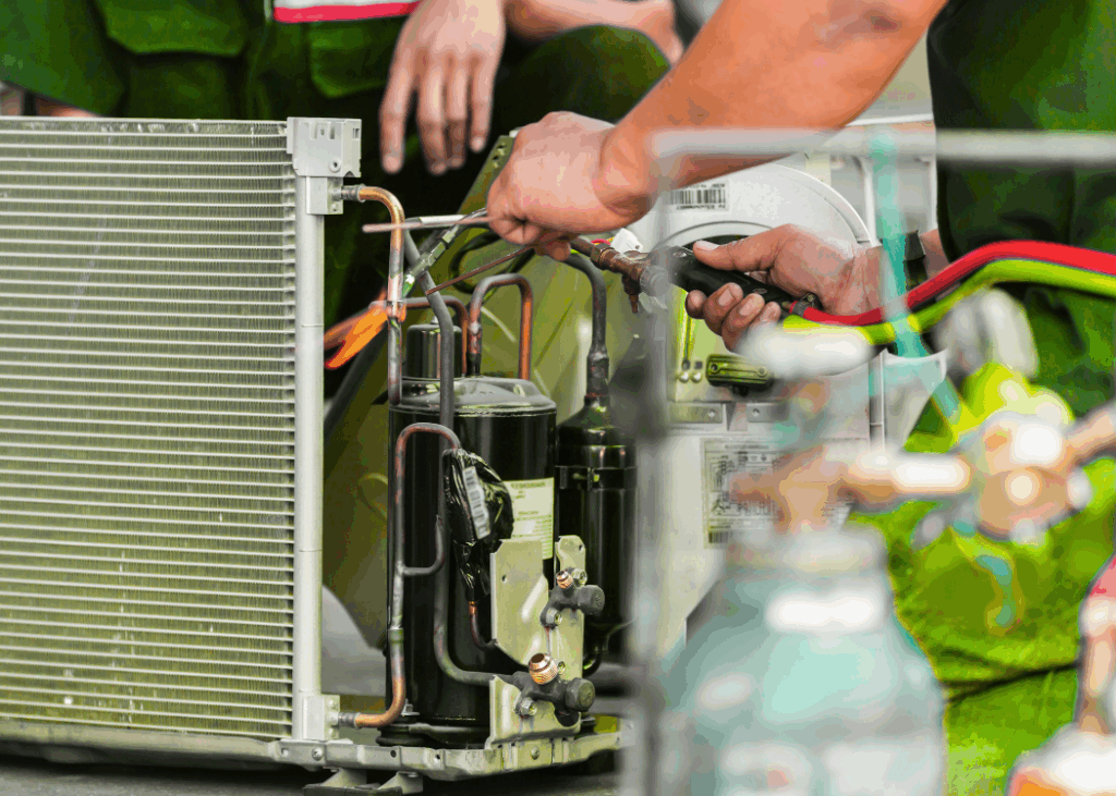 A technician repairs an air conditioner, focused on the unit with tools in hand.