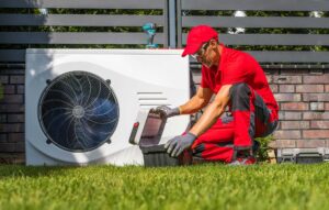 Technician installing a new heat pump to improve energy efficiency in a Grove City, OH home.